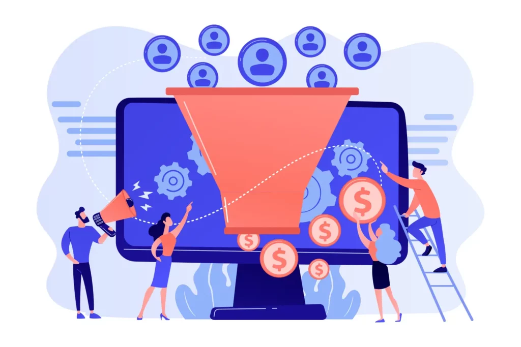 Illustration of website conversion funnel showing visitors becoming customers for website conversion rate checklist.